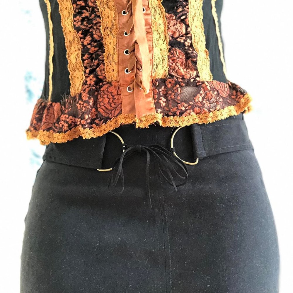 Vintage 90s Black Sueded Straight Skirt with Slit and Laced D-Ring Self-Belt
